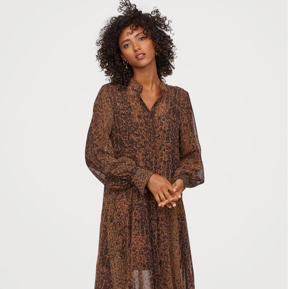 H&M Brown Printed Long-Sleeve Midi Dress